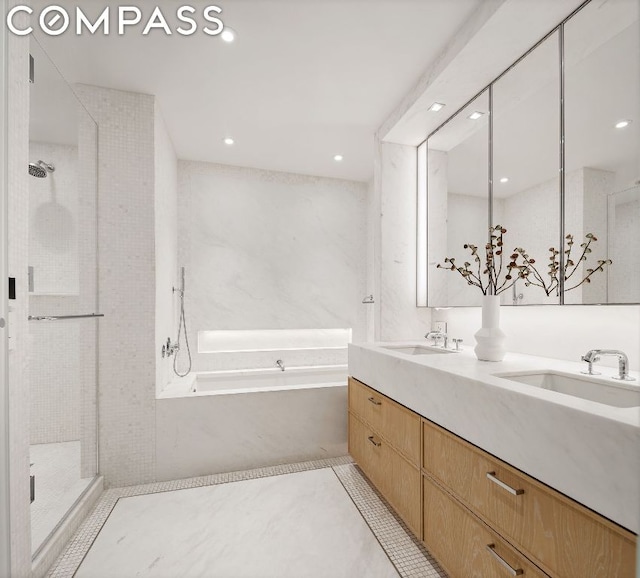 bathroom with vanity, separate shower and tub, and tile patterned flooring