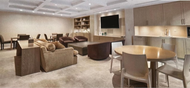 188 E 78th St Unit 4D, New York City, NY 10075 - home theater featuring light carpet, beamed ceiling, built in features, recessed lighting, and coffered ceiling
