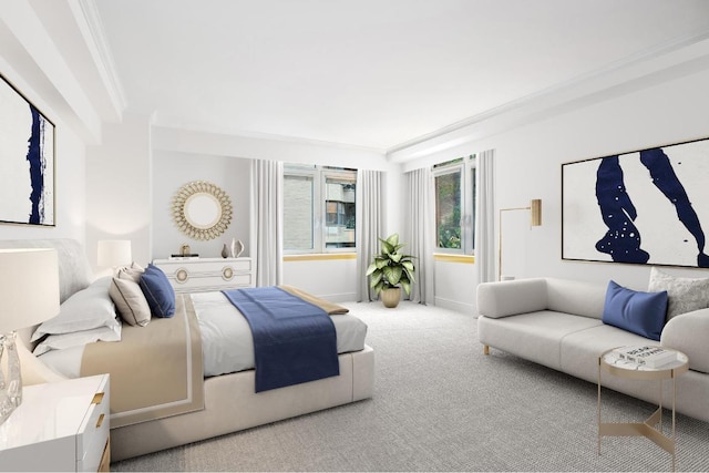 carpeted bedroom featuring crown molding and baseboards