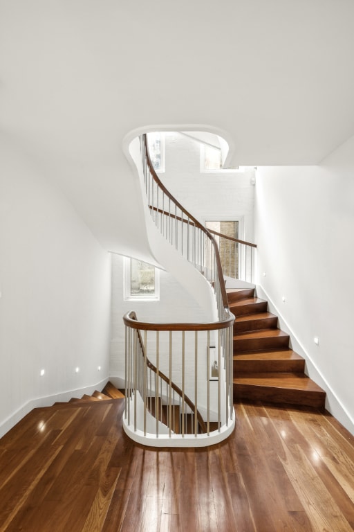 stairs with hardwood / wood-style flooring