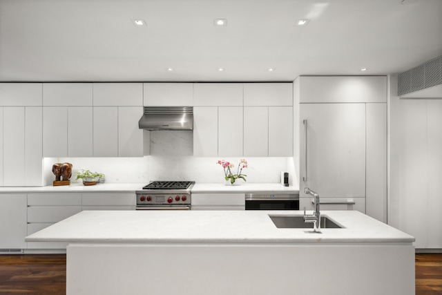 kitchen featuring sink, dark wood-type flooring, stainless steel appliances, white cabinets, and a center island with sink