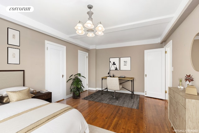 227 E 57th St Unit 16G, New York City, NY 10022 - bedroom featuring wood finished floors, a chandelier, a desk, baseboards, and beamed ceiling