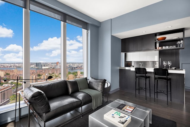 living room with a view of city and wood finished floors