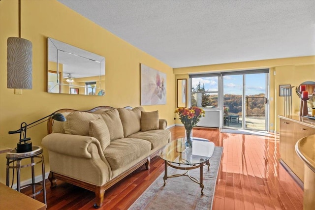 living room with wood-type flooring and a textured ceiling