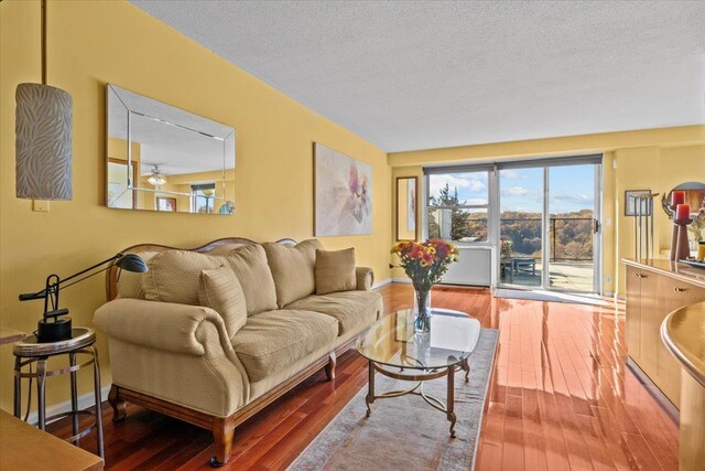 living room with wood-type flooring and a textured ceiling