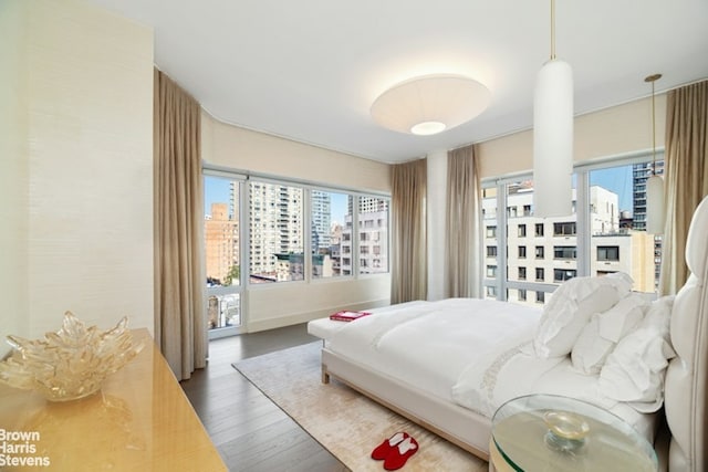 bedroom with dark hardwood / wood-style flooring and multiple windows