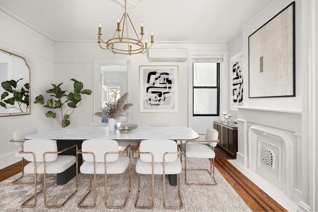 dining area featuring plenty of natural light, ornamental molding, and dark wood finished floors