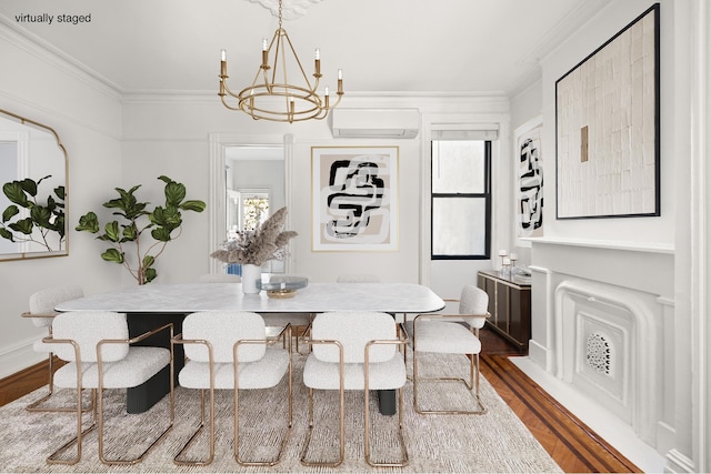 dining room featuring ornamental molding, a healthy amount of sunlight, and dark wood-style floors