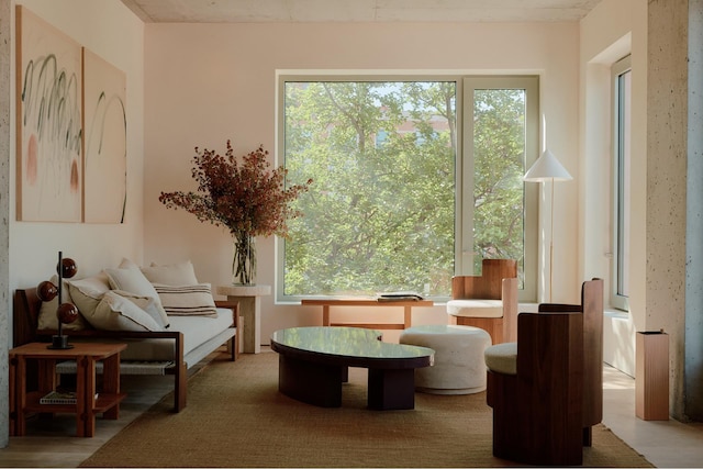 sitting room with plenty of natural light and wood finished floors