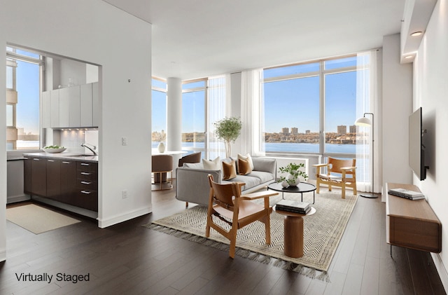 living area with floor to ceiling windows, healthy amount of natural light, and dark wood-style floors