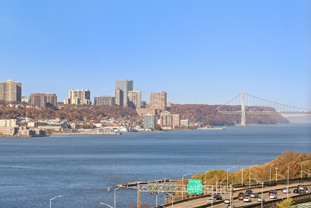 water view featuring a view of skyline and a notable bridge
