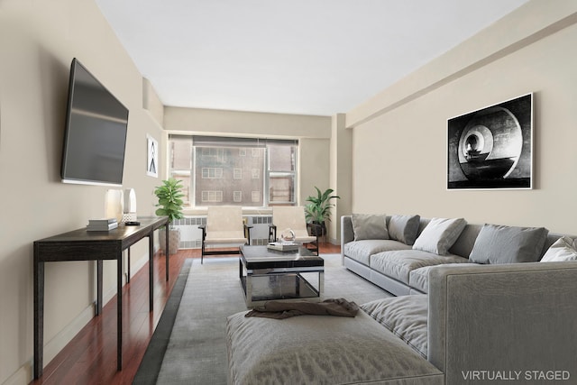 living area featuring radiator, baseboards, and wood finished floors