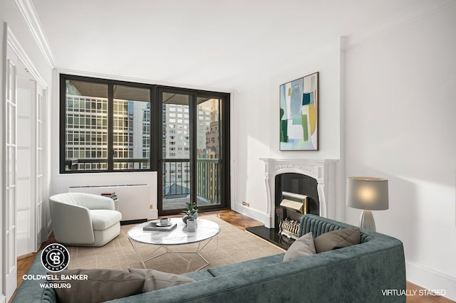 300 E 54th St Unit 10J, New York City, NY 10022 - living area featuring crown molding, a fireplace, and wood finished floors
