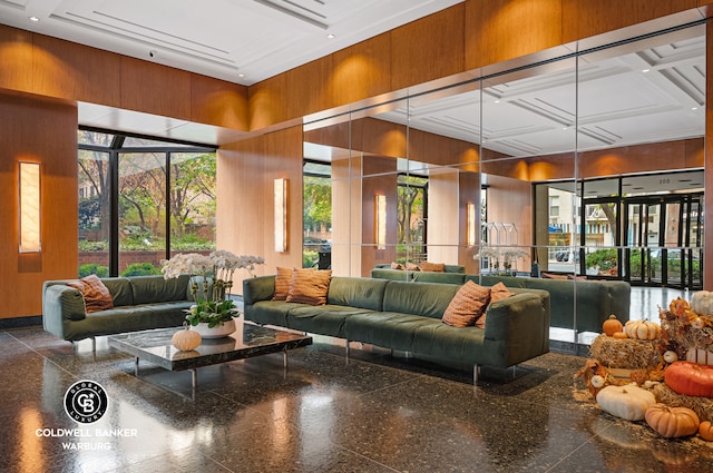 building lobby with coffered ceiling