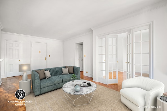 living room featuring ornamental molding and baseboards