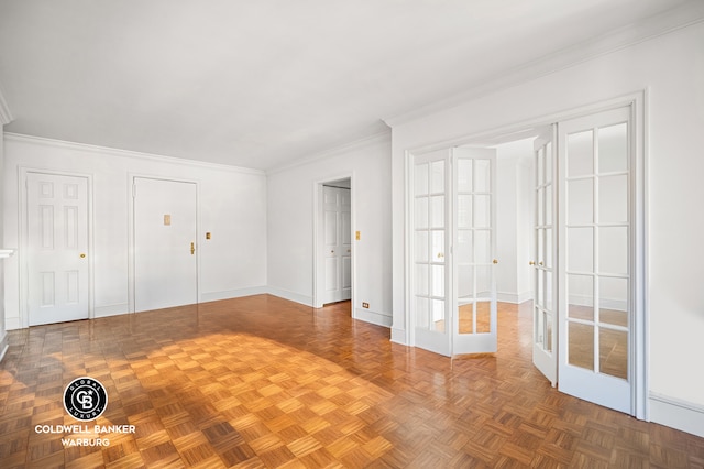300 E 54th St Unit 10J, New York City, NY 10022 - unfurnished bedroom with french doors, ornamental molding, and multiple closets