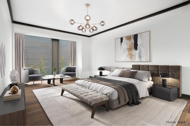 bedroom featuring hardwood / wood-style flooring, crown molding, and an inviting chandelier