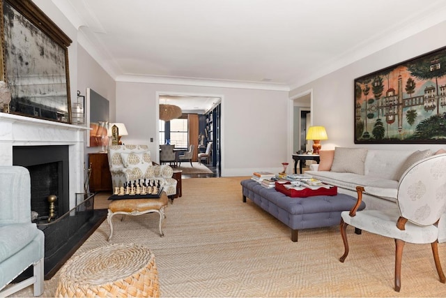 living room with crown molding