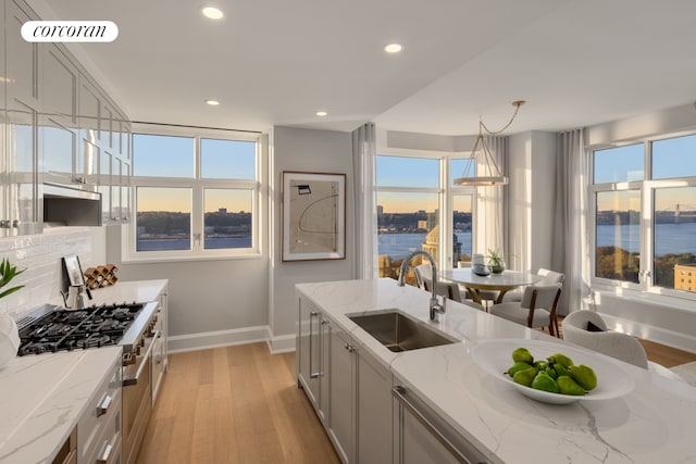 kitchen featuring a sink, baseboards, light wood-type flooring, high end stainless steel range, and decorative backsplash