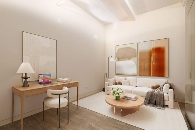 unfurnished living room featuring dark wood-type flooring, beam ceiling, and wood walls