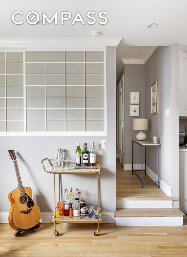 bar featuring baseboards, wood finished floors, ornamental molding, and a dry bar