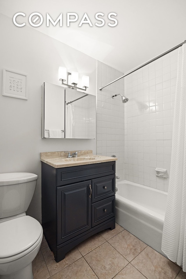 bathroom with vanity, tile patterned floors, toilet, and shower / bathtub combination with curtain