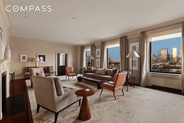 living room featuring baseboards, a view of city, a fireplace, and crown molding