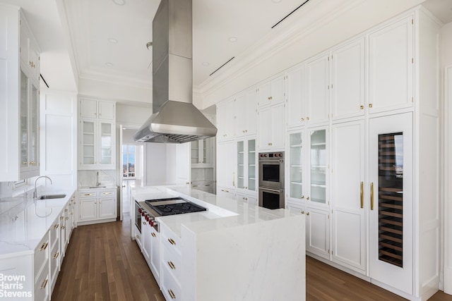 kitchen with a center island, ornamental molding, appliances with stainless steel finishes, island range hood, and white cabinets