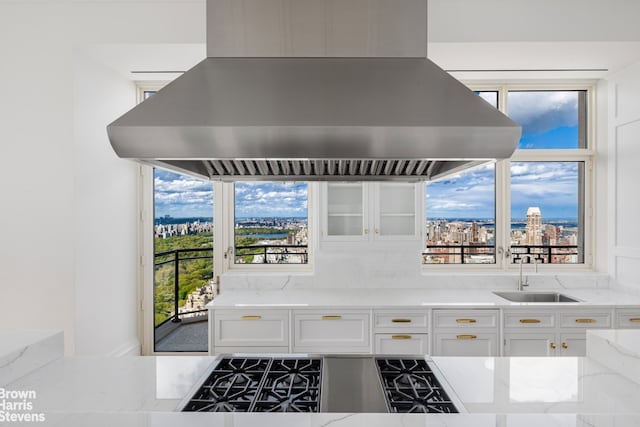 details with light stone counters, island exhaust hood, a sink, cooktop, and white cabinets