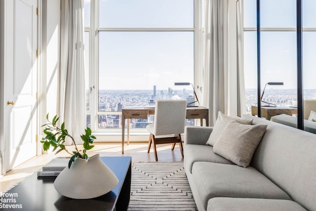 living area with a city view, wood finished floors, and expansive windows