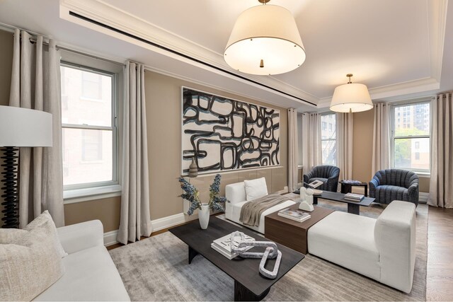 living area featuring a raised ceiling, crown molding, baseboards, and wood finished floors