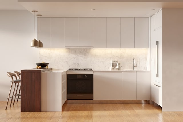 kitchen featuring pendant lighting, white cabinetry, wall oven, gas cooktop, and range hood