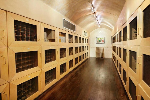 wine area with rail lighting, lofted ceiling, and dark hardwood / wood-style flooring