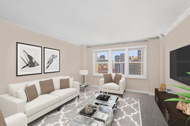 carpeted living room with ornamental molding