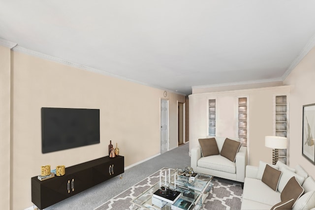 living room featuring crown molding and carpet floors