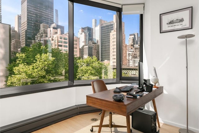 office with a baseboard radiator and light hardwood / wood-style floors