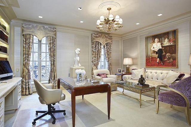 living area featuring a notable chandelier, crown molding, light colored carpet, and french doors