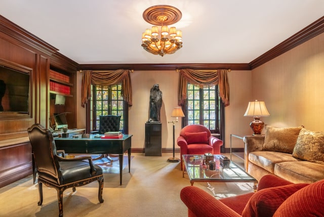 home office with a healthy amount of sunlight, crown molding, light carpet, and a chandelier