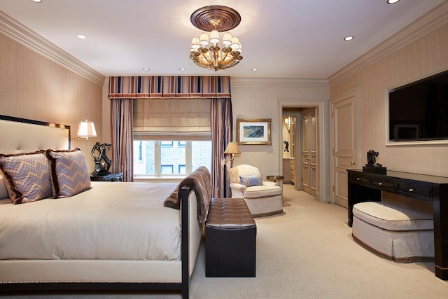 bedroom with crown molding, an inviting chandelier, and light carpet