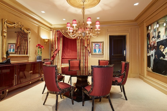 dining space featuring crown molding, light carpet, and a notable chandelier