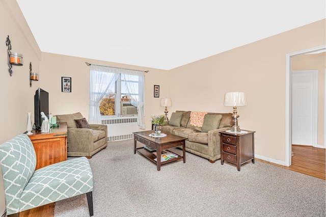 carpeted living room featuring baseboards, wood finished floors, and radiator
