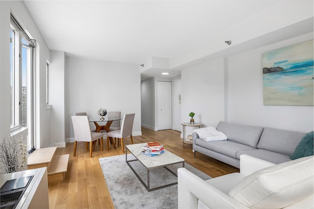 living area with light wood-type flooring and baseboards