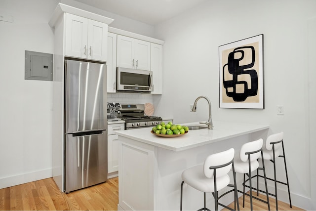 kitchen with a breakfast bar, light wood-style flooring, electric panel, a sink, and stainless steel appliances