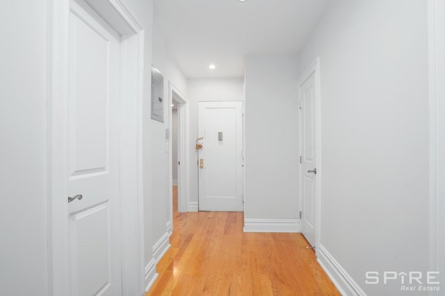 hall featuring electric panel, baseboards, and light wood finished floors