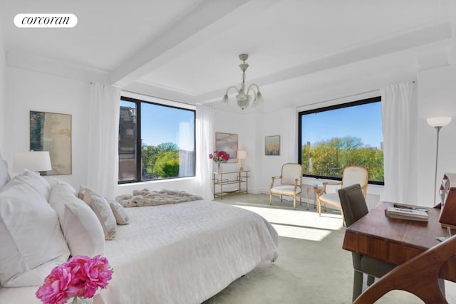 bedroom featuring light colored carpet, beamed ceiling, and a chandelier