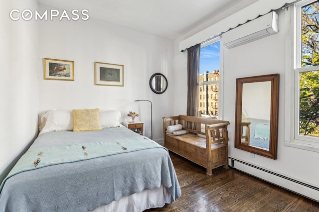 bedroom featuring dark wood-style flooring, a wall mounted AC, and a baseboard radiator