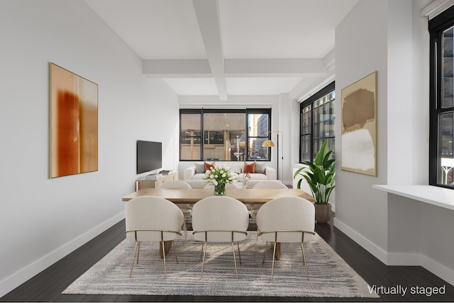 dining space featuring dark wood-type flooring, beam ceiling, and baseboards