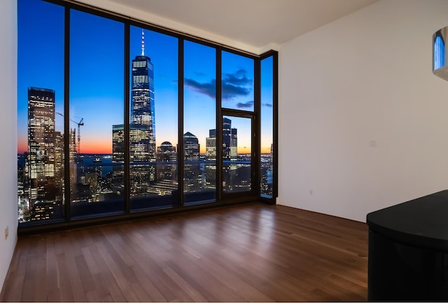 spare room featuring expansive windows, wood finished floors, and a view of city