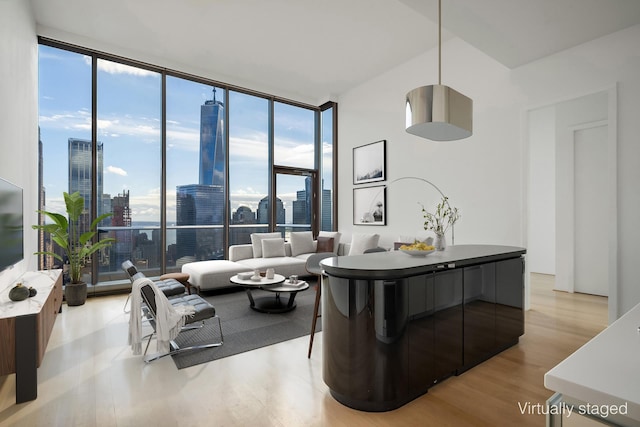 living area with a wall of windows, a view of city, and wood finished floors