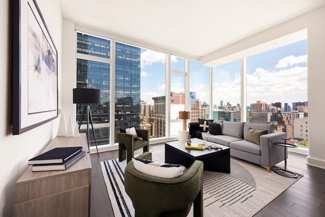 45 E 22nd St Unit 26B, New York City, NY 10010 - living room featuring a view of skyline and hardwood / wood-style floors